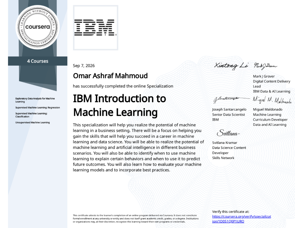 IBM Machine Learning Specialization Certificate