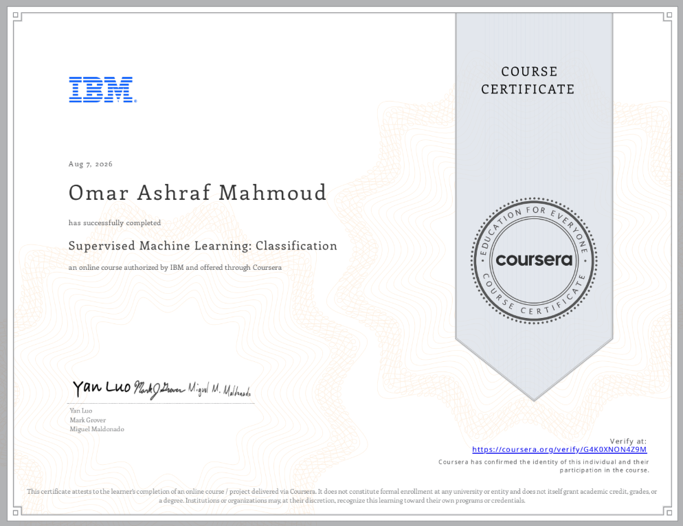 Supervised ML Classification Certificate