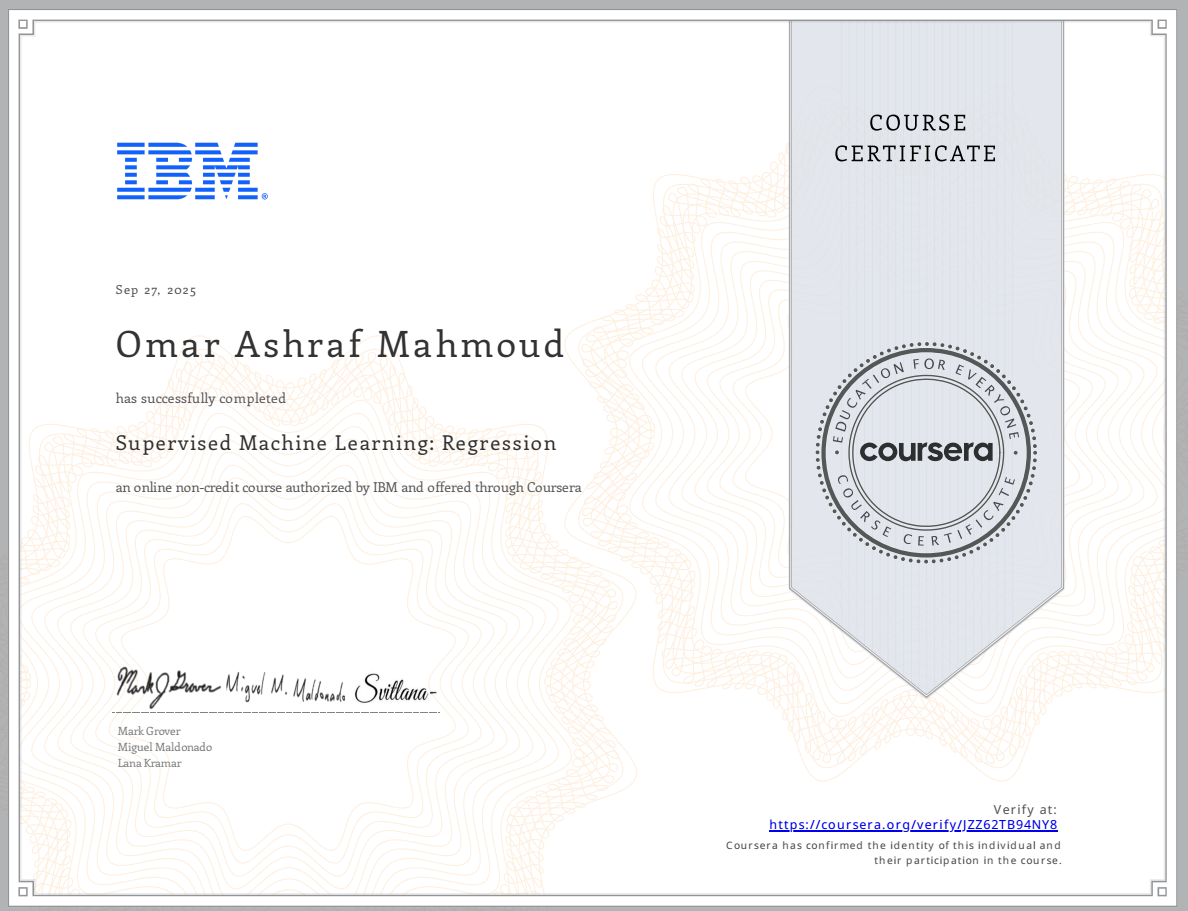 Supervised Machine Learning: Regression Certificate